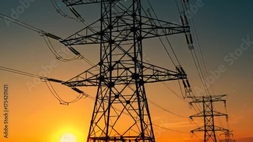 Electricity pylons silhouetted against a vibrant orange-yellow sunset sky with power lines