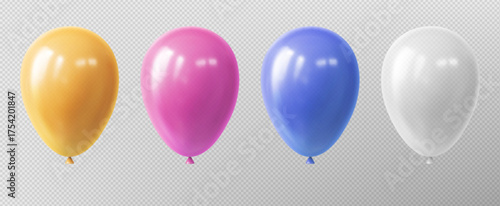 Realistic balloon set with transparent bg for party decoration - yellow and pink, blue and white colors with glossy surface. Inflated rubber spheres or helium decorations for birthday celebration.