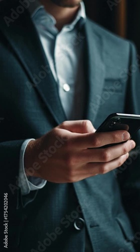 A young man in a business suit, is typing on a mobile phone, close-up