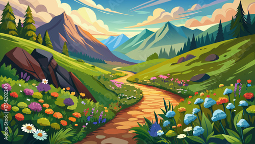 Very beautiful scenic pathway winding through wildflowers and lush green plants in the Appalachian Mountains, where a picturesque trail meanders through colorful blossoms and a panoramic valley unfold