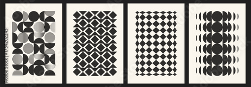 Abstract geometric bauhaus patterns set. Vector illustration of seamless monochrome wall art with black circles and squares on white background, creative vintage poster layout, contemporary artwork
