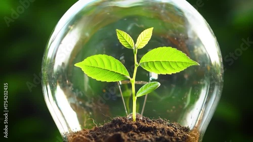A small green plant grows from soil inside a clear glass lightbulb, symbolizing sustainable ideas and nature