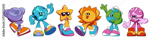 Planet groovy character set with retro cartoon style for fun illustration or sticker design. Cute celestial bodies - star, sun and Earth with happy faces and trendy sneakers. Psychedelic mascot set.