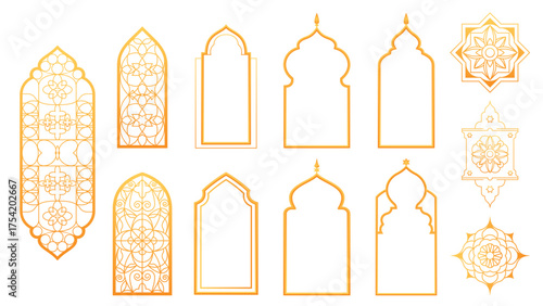 Golden islamic window or door frames set isolated on white background. Vector realistic illustration of luxury arabic ornaments, mosque arches, muslim architecture design elements, Ramadan shape gate