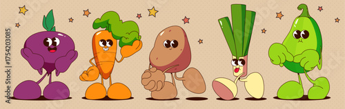 Cartoon vegetable character collection with retro style - beet, orange carrot, brown potato, leek and green squash with expressive eyes for mascot design. Food personalities with arms and legs.