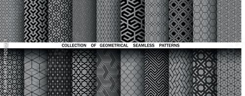 Geometric set of seamless black and gray patterns. Simple vector graphics