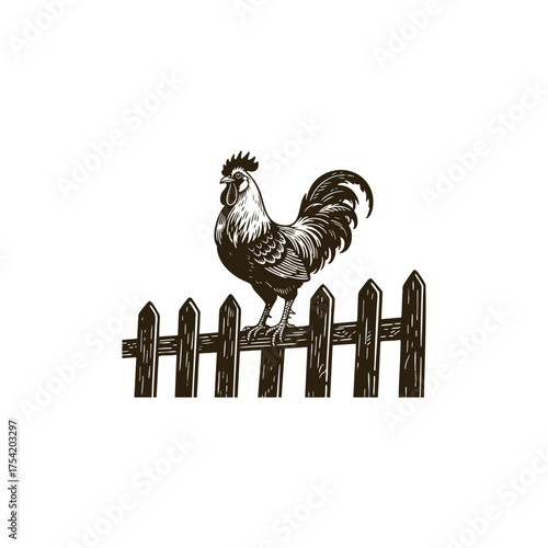 A rustic, detailed vintage engraving illustration of a proud rooster perched on a wooden picket fence. Excellent for farm themes, agriculture, rural concepts, food, and classic branding.