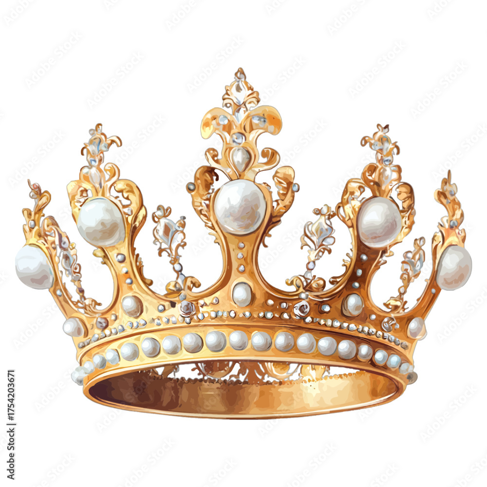 Naklejka premium Watercolor Royal Gold Crown with Pearls Clipart 