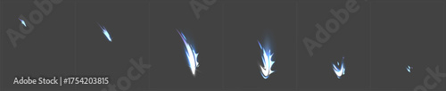 Sequential attack effect with animation frames - blue and white energy slash progression from small to large impact for game combat mechanics. Glowing sword strike sequence with motion blur stages