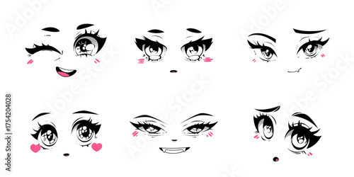 Kawaii facial expressions with anime style - girl faces showing emotions winking and crying, smiling and blushing with pink cheeks for manga character design. Black eyes, mouths and emotional markers.