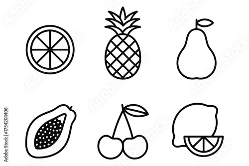 Illustration of six different fruits including an orange pineapple pear papaya cherries and lemon slice outline