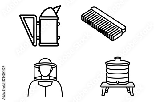 Illustration showing beekeeping tools including smoker brush protective suit and water container outline style