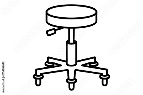 Illustration of a black and white adjustable stool with a round seat and a lever for height adjustment