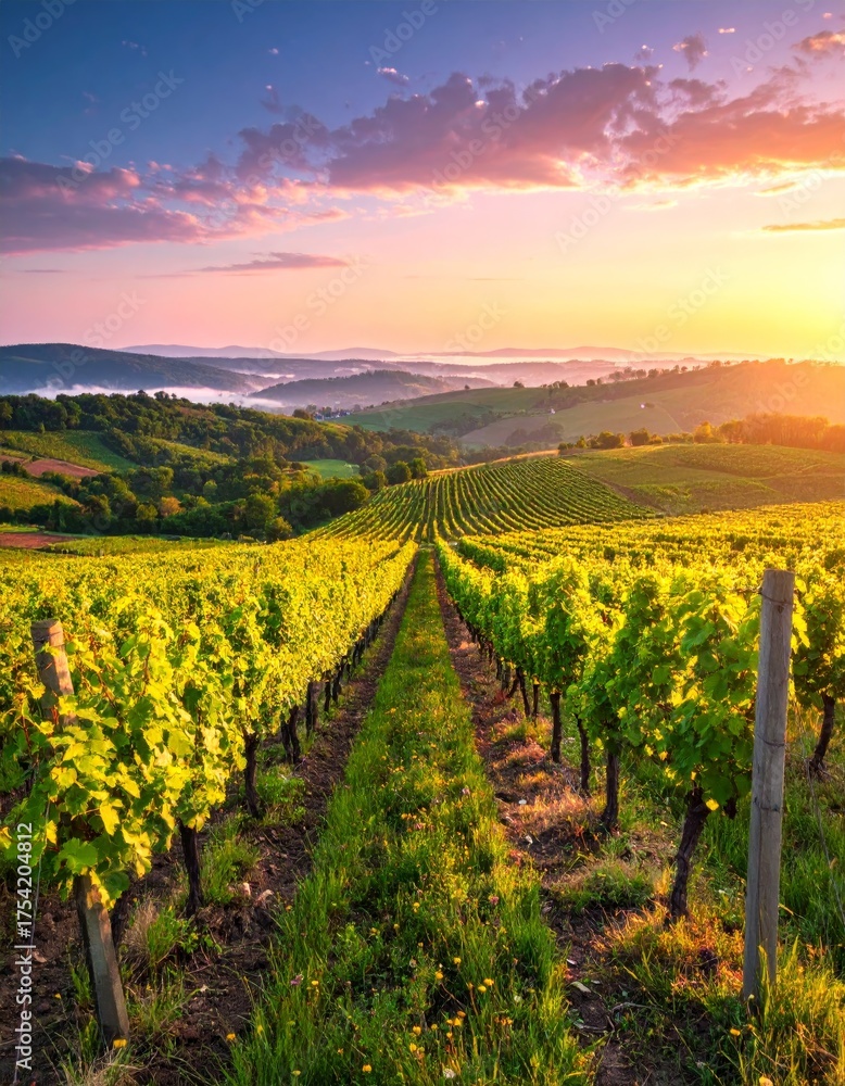 Fototapeta premium colorful vineyard in spring, landscape with hills, beautiful sunrise