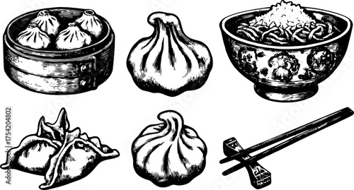 Dumpling and noodle bowl with chopsticks. Vintage food vector illustration set, showcasing traditional cuisine.