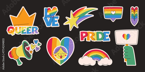 Colorful pride month sticker set with rainbow heart and crown, shooting star and protest sign on dark background. Vibrant LGBTQ symbols - love and queer text, megaphone, smiling face and cloud design.