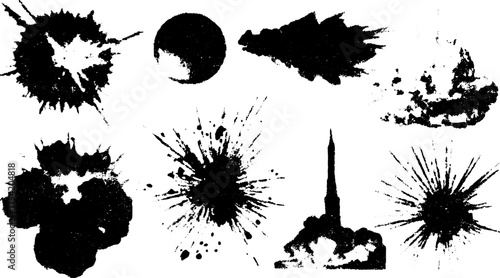 Black splash and spatter textures in an abstract vector set. Unique illustration with dynamic shapes and vivid details.
