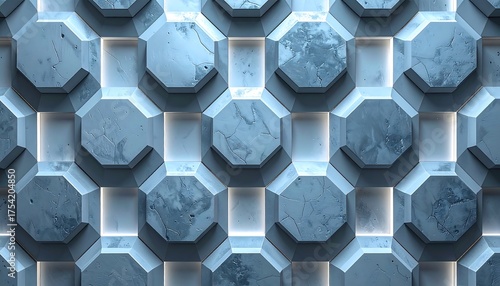 Abstract close-up with repeating geometric shapes, blue marble, and backlighting effect