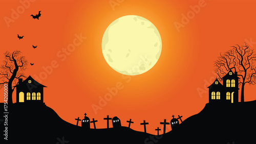 Creepy Houses On A Hill Surrounded By Graves And Dead Trees With A Full Moon