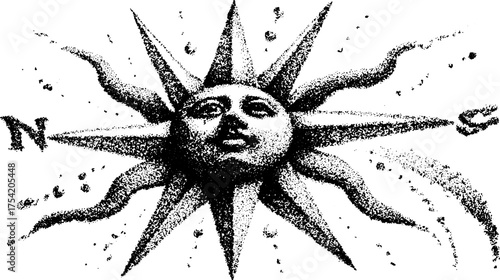 Sun symbol directions illustration in black and white. A classic decorative vector set featuring a compass with north, south, east, and west points.