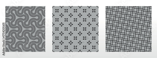Geometric set of seamless black and gray patterns. Simple vector graphics