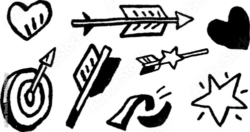 Silhouette hand-drawn outlines of symbols including heart, arrow, star, and target. Simple vector illustration set.