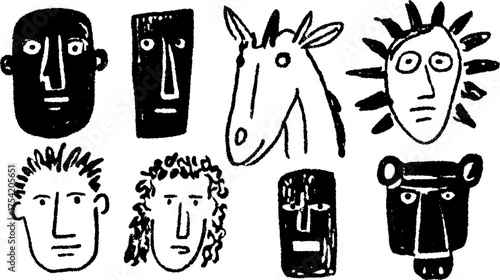 Abstract line drawings of character silhouettes and faces in black. Hand-drawn vector illustration set showcasing unique styles and expressions.