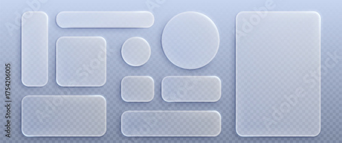 Transparent glass elements with liquid morphism effect for ui design and modern interfaces. Rounded rectangles, circles and buttons with frosted blur overlay. Glassmorphism components for web or app