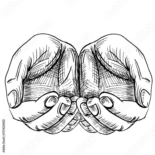 Human hands clasped together. Vector illustration in a realistic style for food product design, interior design, packaging, posters, postcards, and menus.