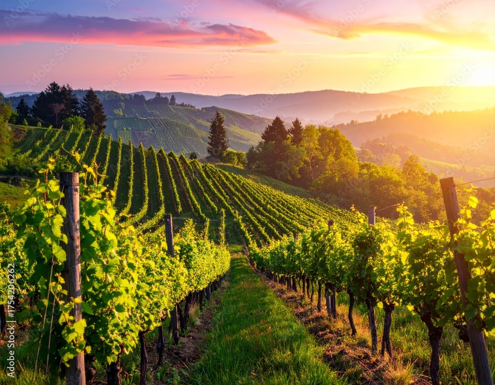 Naklejka premium colorful vineyard in spring, landscape with hills, beautiful sunrise