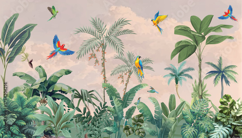 Bloomery Decor Wallpaper Murals, Tropical Forest, Mughal Garden Illustration