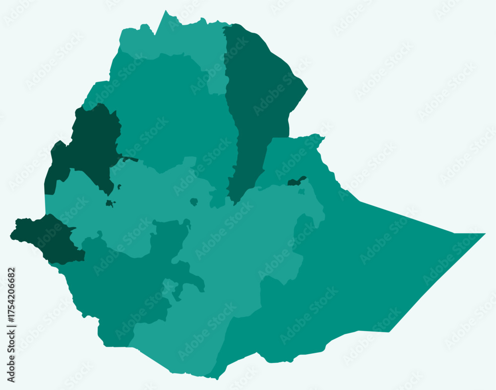 Obraz premium Map of Ethiopia with regions. Just a simple country border map with region division. Teal color palette. Flat Federal Democratic Republic of Ethiopia shape with administrative division.