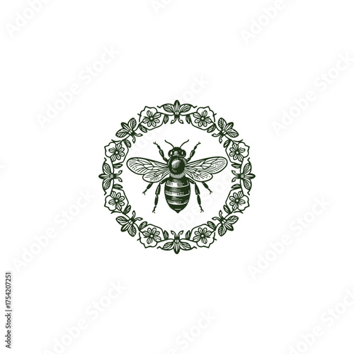An elegant, vintage engraving illustration of a honey bee centered within a decorative floral wreath or circular frame.