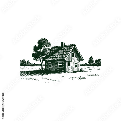 A serene and detailed vintage engraving illustration of a wooden country house or cottage nestled in a grassy field with a nearby tree