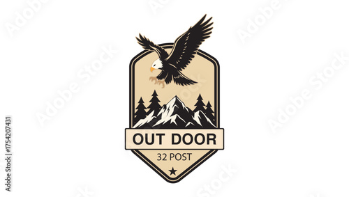 Outdoor Adventure Badge Logo with Flying Eagle – Vintage Wilderness Emblem Vector