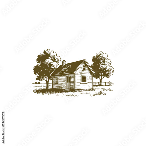 A serene and detailed vintage engraving illustration of a wooden country house or cottage nestled in a grassy field with a nearby tree
