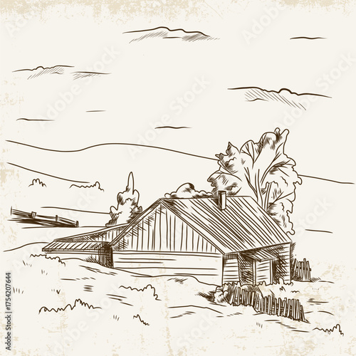 Hand-drawn landscape in vintage style with a wooden house and trees on a light background with texture.