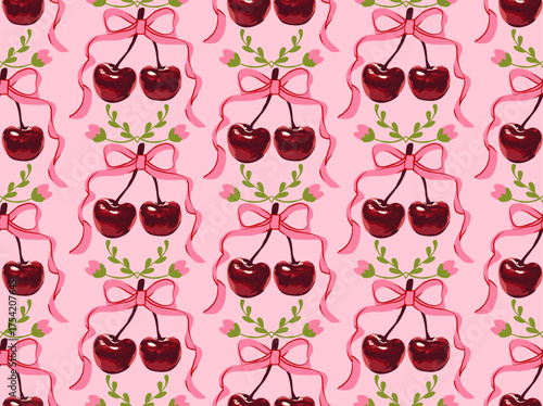 Cherry Bow Pattern. Cute Pink Seamless Vector with Red Cherries and Ribbons