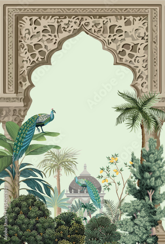 Indian Wedding invitation card Design, Mughal wedding card, Mughal Arch, Peacock, Mughal Dome.