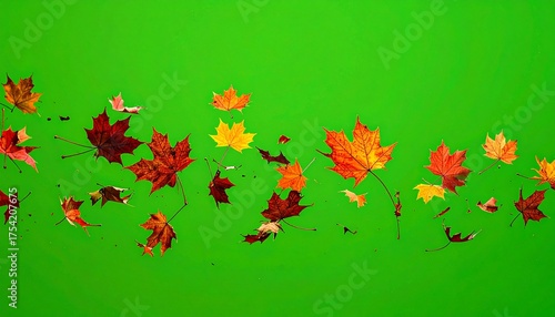 A vibrant collection of falling autumn maple leaves in red, orange, and yellow, isolated on a green screen background for compositing