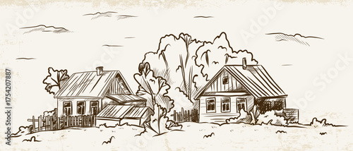 Hand-drawn landscape in vintage style with wooden houses, an old fence and trees on a light background with texture.