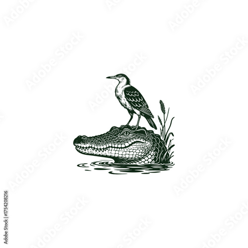 A fascinating and detailed vintage engraving illustration of a small bird perched on the head of an alligator or crocodile in the water. Symbolizes symbiosis, trust, danger, and unique nature concepts