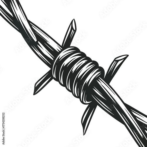 Close-up detailed illustration of sharp barbed wire designed for security and containment