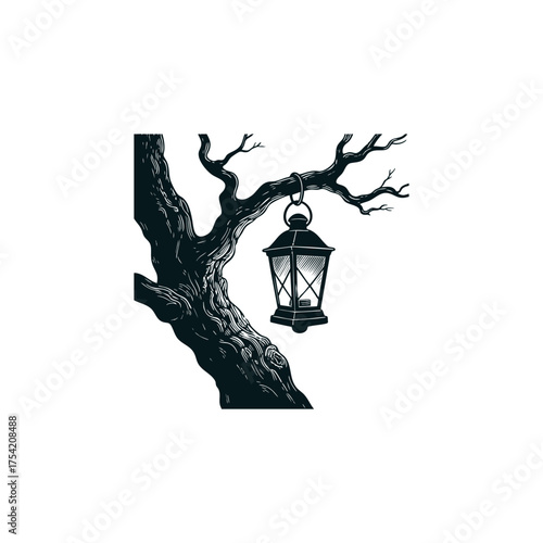 A classic, detailed vintage engraving illustration of an old kerosene lantern hanging from a dark, gnarled tree branch. Perfect for outdoor adventure, camping, mystery, and retro lighting concepts.