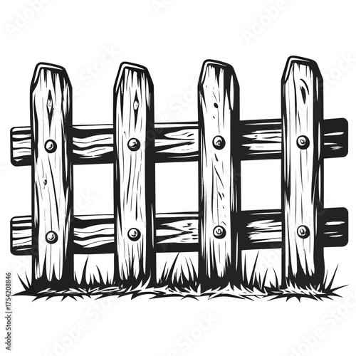Rustic wooden picket fence with grass and textured wood grain detail