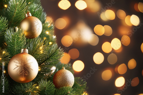 Weihnachtsbaum mit Kugeln und verschwommenen, glänzenden Lichtern 