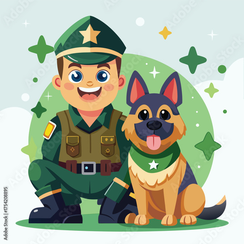 Cartoon soldier and German Shepherd dog with stars