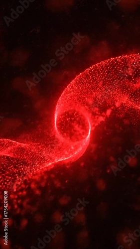Abstract red digital wave form with glowing particles on black background