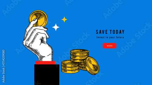 Art collage of sketch hand with coin and piggy bank. Saving budget, finance, banking, investment, fintech, investment, insurance, credit, e-commerce, money concept. Hand drawn vector illustration.