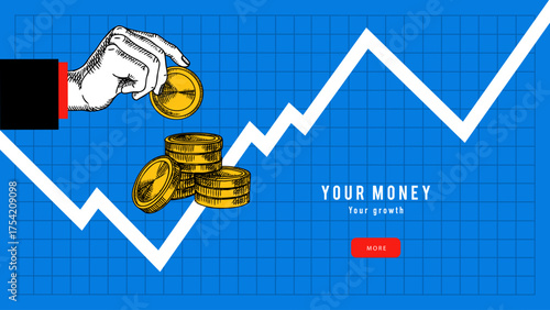 Trendy collage of sketch hand with coin and line chart. Finance, banking, insurance, investment funds, crowdfunding, crypto platforms, exchanges concept. Engraved hand drawn vector illustration.